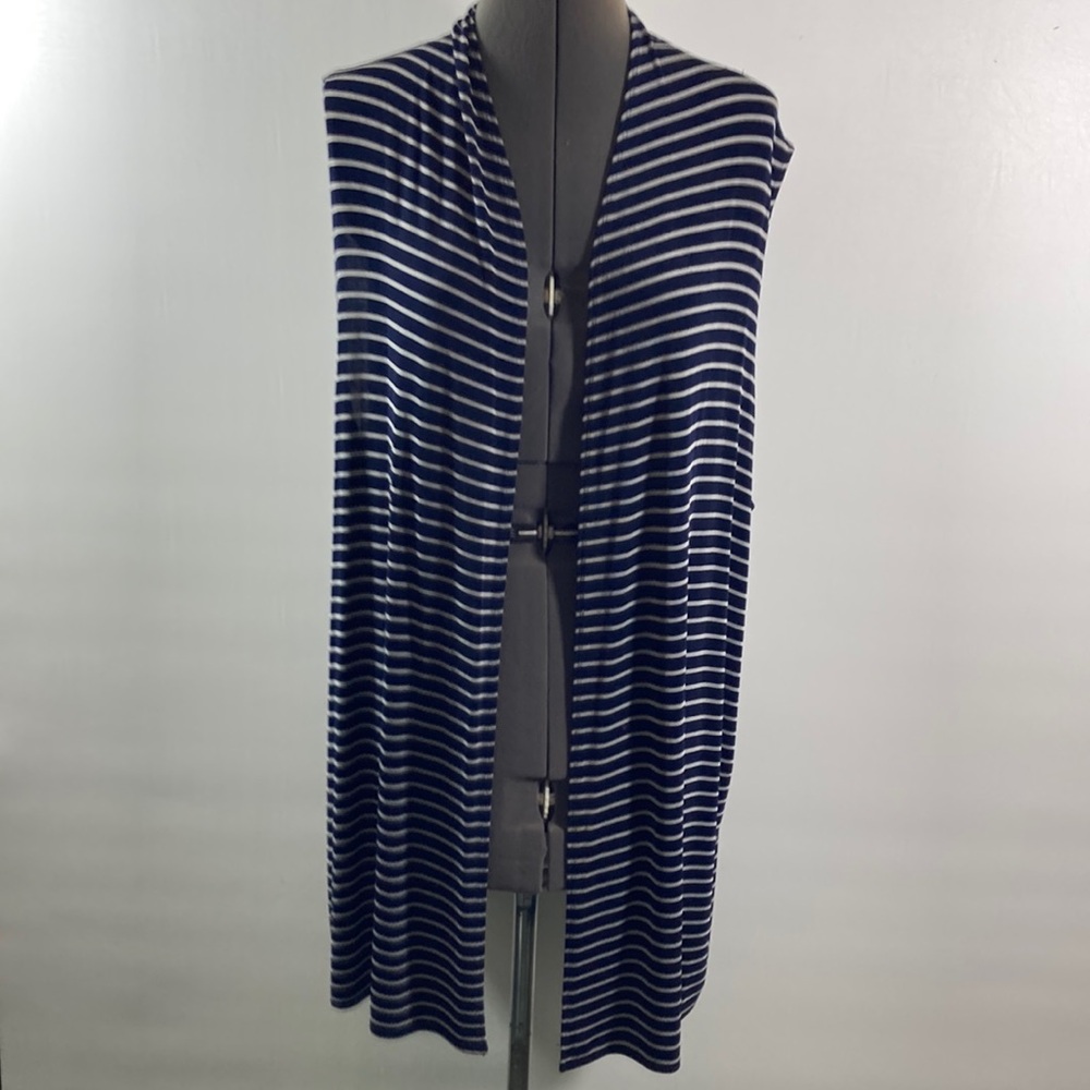 Citiknits Long Vest Women Size Small Navy & White Stripe Sleeveless Stretch